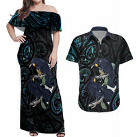 New Zealand Huia Bird Couples Matching Off Shoulder Maxi Dress and Hawaiian Shirt Paua Shell Maori Pattern
