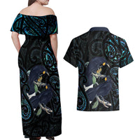 New Zealand Huia Bird Couples Matching Off Shoulder Maxi Dress and Hawaiian Shirt Paua Shell Maori Pattern LT22 - Polynesian Pride