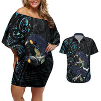 New Zealand Huia Bird Couples Matching Off Shoulder Short Dress and Hawaiian Shirt Paua Shell Maori Pattern LT22 Black - Polynesian Pride