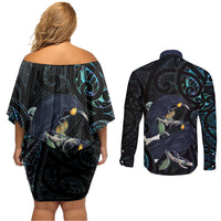 New Zealand Huia Bird Couples Matching Off Shoulder Short Dress and Long Sleeve Button Shirt Paua Shell Maori Pattern LT22 - Polynesian Pride