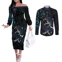 New Zealand Huia Bird Couples Matching Off The Shoulder Long Sleeve Dress and Long Sleeve Button Shirt Paua Shell Maori Pattern LT22 Black - Polynesian Pride