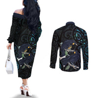 New Zealand Huia Bird Couples Matching Off The Shoulder Long Sleeve Dress and Long Sleeve Button Shirt Paua Shell Maori Pattern LT22 - Polynesian Pride
