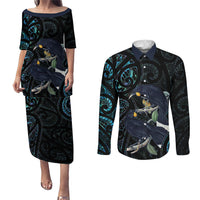 New Zealand Huia Bird Couples Matching Puletasi and Long Sleeve Button Shirt Paua Shell Maori Pattern LT22 Black - Polynesian Pride