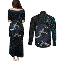New Zealand Huia Bird Couples Matching Puletasi and Long Sleeve Button Shirt Paua Shell Maori Pattern LT22 - Polynesian Pride