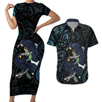 New Zealand Huia Bird Couples Matching Short Sleeve Bodycon Dress and Hawaiian Shirt Paua Shell Maori Pattern LT22 Black - Polynesian Pride