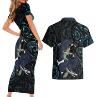 New Zealand Huia Bird Couples Matching Short Sleeve Bodycon Dress and Hawaiian Shirt Paua Shell Maori Pattern LT22 - Polynesian Pride