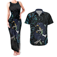 New Zealand Huia Bird Couples Matching Tank Maxi Dress and Hawaiian Shirt Paua Shell Maori Pattern LT22 Black - Polynesian Pride