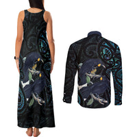 New Zealand Huia Bird Couples Matching Tank Maxi Dress and Long Sleeve Button Shirt Paua Shell Maori Pattern LT22 - Polynesian Pride