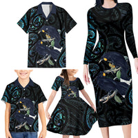 New Zealand Huia Bird Family Matching Long Sleeve Bodycon Dress and Hawaiian Shirt Paua Shell Maori Pattern LT22 - Polynesian Pride