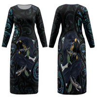 New Zealand Huia Bird Family Matching Long Sleeve Bodycon Dress and Hawaiian Shirt Paua Shell Maori Pattern LT22 Mom's Dress Black - Polynesian Pride