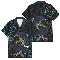 New Zealand Huia Bird Family Matching Long Sleeve Bodycon Dress and Hawaiian Shirt Paua Shell Maori Pattern LT22 Dad's Shirt - Short Sleeve Black - Polynesian Pride