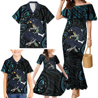 New Zealand Huia Bird Family Matching Mermaid Dress and Hawaiian Shirt Paua Shell Maori Pattern LT22 - Polynesian Pride