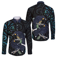 New Zealand Huia Bird Family Matching Off Shoulder Maxi Dress and Hawaiian Shirt Paua Shell Maori Pattern LT22 Dad's Shirt - Long Sleeve Black - Polynesian Pride