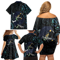 New Zealand Huia Bird Family Matching Off Shoulder Short Dress and Hawaiian Shirt Paua Shell Maori Pattern LT22 - Polynesian Pride