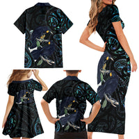 New Zealand Huia Bird Family Matching Short Sleeve Bodycon Dress and Hawaiian Shirt Paua Shell Maori Pattern LT22 Mom's Dress Black - Polynesian Pride