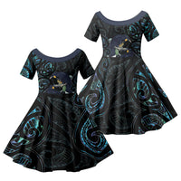 New Zealand Huia Bird Family Matching Short Sleeve Bodycon Dress and Hawaiian Shirt Paua Shell Maori Pattern LT22 Daughter's Dress Black - Polynesian Pride