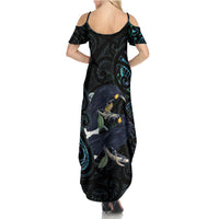New Zealand Huia Bird Family Matching Summer Maxi Dress and Hawaiian Shirt Paua Shell Maori Pattern LT22 - Polynesian Pride