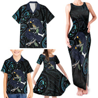 New Zealand Huia Bird Family Matching Tank Maxi Dress and Hawaiian Shirt Paua Shell Maori Pattern LT22 - Polynesian Pride