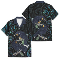 New Zealand Huia Bird Family Matching Tank Maxi Dress and Hawaiian Shirt Paua Shell Maori Pattern LT22 Dad's Shirt - Short Sleeve Black - Polynesian Pride