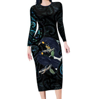 New Zealand Huia Bird Long Sleeve Bodycon Dress Paua Shell Maori Pattern LT22 Long Dress Black - Polynesian Pride