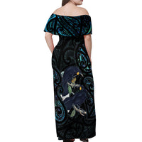 New Zealand Huia Bird Off Shoulder Maxi Dress Paua Shell Maori Pattern LT22 - Polynesian Pride