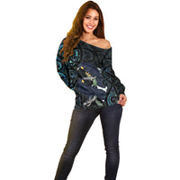 New Zealand Huia Bird Off Shoulder Sweater Paua Shell Maori Pattern LT22 - Polynesian Pride