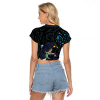 New Zealand Huia Bird Raglan Cropped T Shirt Paua Shell Maori Pattern