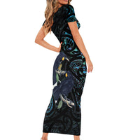 New Zealand Huia Bird Short Sleeve Bodycon Dress Paua Shell Maori Pattern LT22 - Polynesian Pride