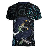 New Zealand Huia Bird Women V-Neck T-Shirt Paua Shell Maori Pattern