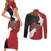 Kiwi New Zealand Personalised Couples Matching Short Sleeve Bodycon Dress and Long Sleeve Button Shirt NZ Map Pohutukawa Fern Maori Pattern LT22 - Polynesian Pride