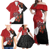 Kiwi New Zealand Personalised Family Matching Off Shoulder Maxi Dress and Hawaiian Shirt NZ Map Pohutukawa Fern Maori Pattern LT22 - Polynesian Pride