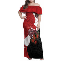 Kiwi New Zealand Personalised Family Matching Off Shoulder Maxi Dress and Hawaiian Shirt NZ Map Pohutukawa Fern Maori Pattern LT22 Mom's Dress Red - Polynesian Pride
