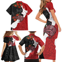 Kiwi New Zealand Personalised Family Matching Short Sleeve Bodycon Dress and Hawaiian Shirt NZ Map Pohutukawa Fern Maori Pattern LT22 - Polynesian Pride