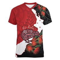 Kiwi New Zealand Personalised Women V-Neck T-Shirt NZ Map Pohutukawa Fern Maori Pattern LT22 Female Red - Polynesian Pride