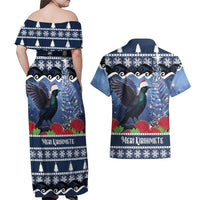 New Zealand Tui Bird Christmas Couples Matching Off Shoulder Maxi Dress and Hawaiian Shirt Pohutukawa Xmas Tree Meri Kirihimete LT22 - Polynesian Pride