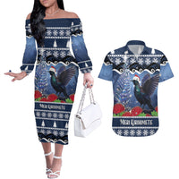 New Zealand Tui Bird Christmas Couples Matching Off The Shoulder Long Sleeve Dress and Hawaiian Shirt Pohutukawa Xmas Tree Meri Kirihimete LT22 Blue - Polynesian Pride