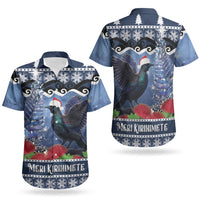 New Zealand Tui Bird Christmas Couples Matching Off The Shoulder Long Sleeve Dress and Hawaiian Shirt Pohutukawa Xmas Tree Meri Kirihimete LT22 - Polynesian Pride
