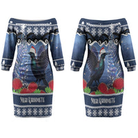 New Zealand Tui Bird Christmas Couples Matching Off The Shoulder Long Sleeve Dress and Hawaiian Shirt Pohutukawa Xmas Tree Meri Kirihimete LT22 - Polynesian Pride