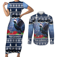 New Zealand Tui Bird Christmas Couples Matching Short Sleeve Bodycon Dress and Long Sleeve Button Shirt Pohutukawa Xmas Tree Meri Kirihimete LT22 Blue - Polynesian Pride