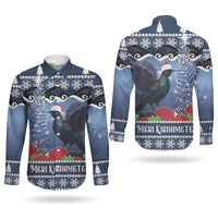 New Zealand Tui Bird Christmas Couples Matching Short Sleeve Bodycon Dress and Long Sleeve Button Shirt Pohutukawa Xmas Tree Meri Kirihimete LT22 - Polynesian Pride