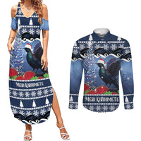 New Zealand Tui Bird Christmas Couples Matching Summer Maxi Dress and Long Sleeve Button Shirt Pohutukawa Xmas Tree Meri Kirihimete LT22 Blue - Polynesian Pride