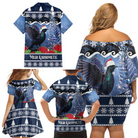 New Zealand Tui Bird Christmas Family Matching Off Shoulder Short Dress and Hawaiian Shirt Pohutukawa Xmas Tree Meri Kirihimete LT22 Mom's Dress Blue - Polynesian Pride