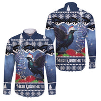 New Zealand Tui Bird Christmas Family Matching Off Shoulder Short Dress and Hawaiian Shirt Pohutukawa Xmas Tree Meri Kirihimete LT22 Dad's Shirt - Long Sleeve Blue - Polynesian Pride