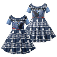 New Zealand Tui Bird Christmas Family Matching Off Shoulder Short Dress and Hawaiian Shirt Pohutukawa Xmas Tree Meri Kirihimete LT22 Daughter's Dress Blue - Polynesian Pride