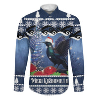 New Zealand Tui Bird Christmas Family Matching Puletasi and Hawaiian Shirt Pohutukawa Xmas Tree Meri Kirihimete LT22 Dad's Shirt - Long Sleeve Blue - Polynesian Pride