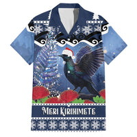 New Zealand Tui Bird Christmas Family Matching Summer Maxi Dress and Hawaiian Shirt Pohutukawa Xmas Tree Meri Kirihimete LT22 Dad's Shirt - Short Sleeve Blue - Polynesian Pride