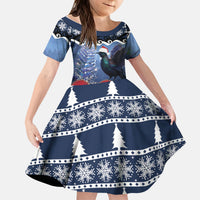New Zealand Tui Bird Christmas Kid Short Sleeve Dress Pohutukawa Xmas Tree Meri Kirihimete LT22 KID Blue - Polynesian Pride