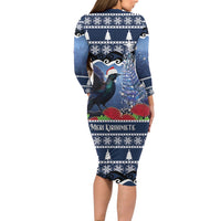 New Zealand Tui Bird Christmas Long Sleeve Bodycon Dress Pohutukawa Xmas Tree Meri Kirihimete LT22 - Polynesian Pride
