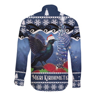 New Zealand Tui Bird Christmas Long Sleeve Button Shirt Pohutukawa Xmas Tree Meri Kirihimete LT22 - Polynesian Pride