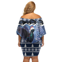 New Zealand Tui Bird Christmas Off Shoulder Short Dress Pohutukawa Xmas Tree Meri Kirihimete LT22 - Polynesian Pride